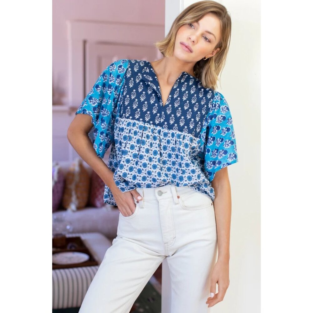 Emerson Fry Blue Multi-Print V-Neck Blouse